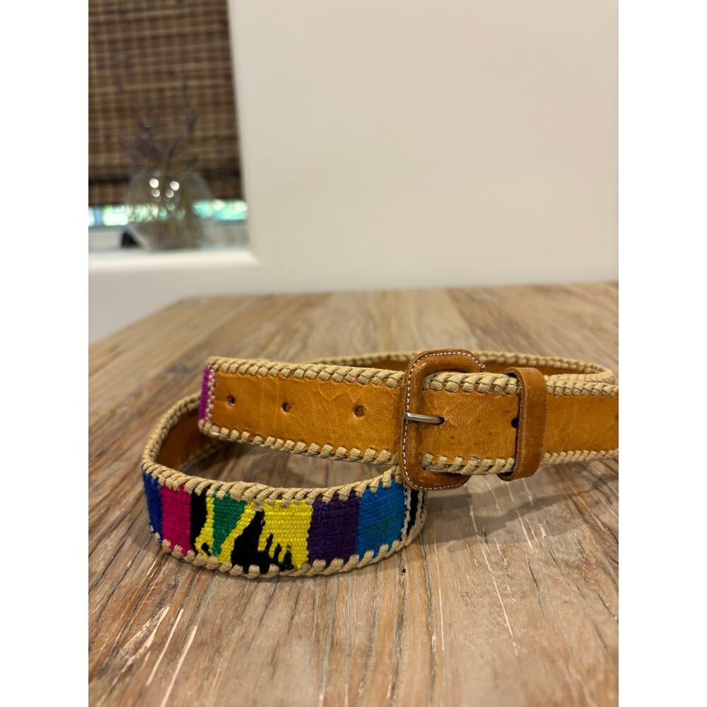 Vtg Women's Belt Tapestry Colorful Woven‎ Leather Aztec Western